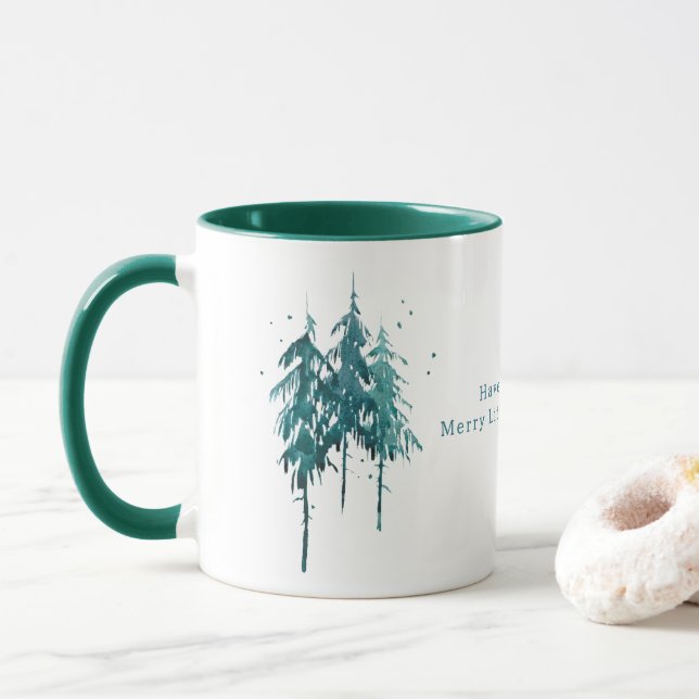 Taza Navidades simples de pinos de color azul-verde (Con donut)