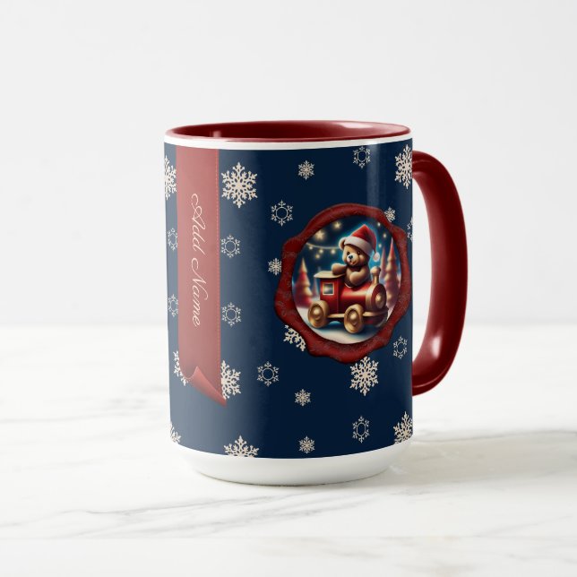Taza Navidades Teddy Train2 Banner personalizado azul (Anverso derecho)