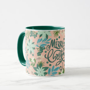 Taza Navidades verdes rosados florales con letras Mug