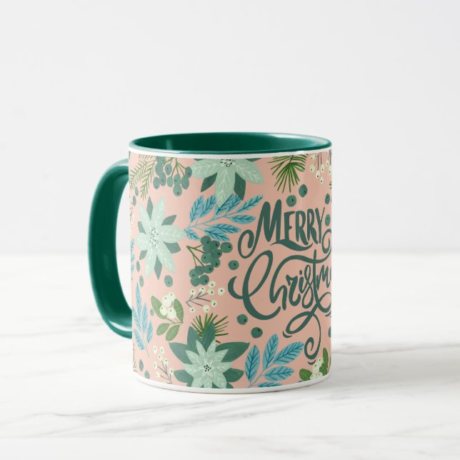 Taza Navidades verdes rosados florales con letras Mug (Anverso izquierdo)