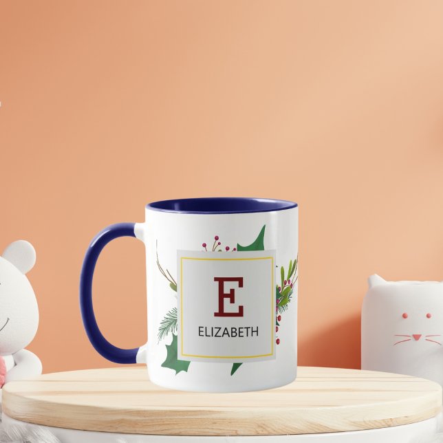 Taza Navidades Verdor Elegante Rojo Monograma Azul (Subido por el creador)