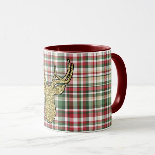 Taza Navidades XMAS Plaid Tartan Gold Deer Coffee Mug (Anverso derecho)
