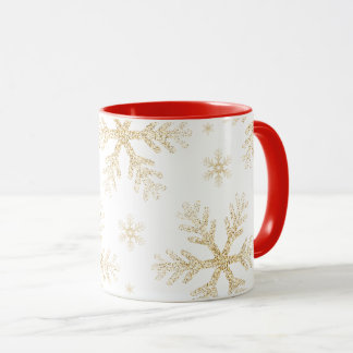 Taza Navideña con Copos de Nieve Dorados elegantes