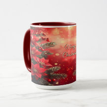 Taza Navideña de Poinsettias Rojas y Bayas