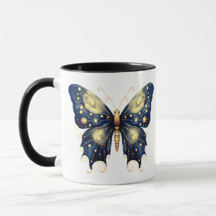 Taza Navy Azul Verde Claro Mariposa de Halloween Dorada