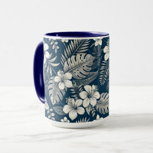 Taza Navy Blue Hibiscus Monstera Tropical Botanical