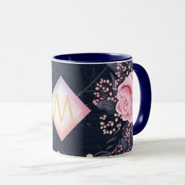 Taza Navy Rosegold Monograma Regalos Girona Floral Rosa