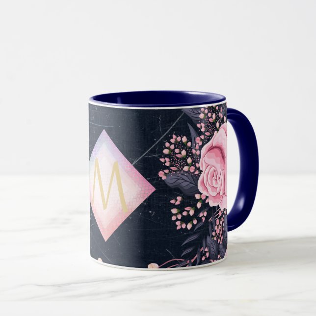 Taza Navy Rosegold Monograma Regalos Girona Floral Rosa (Anverso derecho)