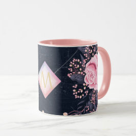 Taza Navy Rosegold Monograma Regalos Girona Floral Rosa