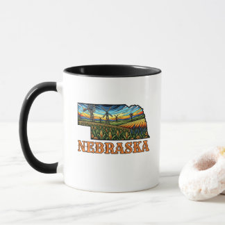 Taza Nebraska Tattoo Style Outline with Cornfields