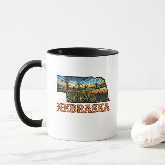 Taza Nebraska Tattoo Style Outline with Cornfields  (Con donut)