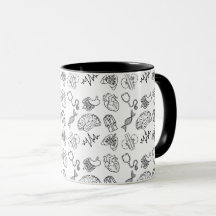 Taza negra combo de patrón de iconos médicos minim