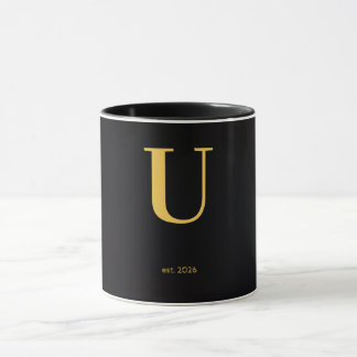 Taza negra con letra dorada U | Taza de monograma