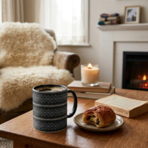 Taza negra y gris con patrón de punto acogedor