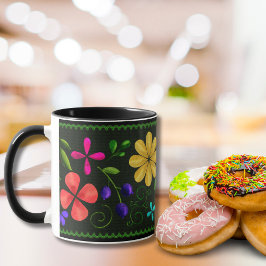 Taza Negro elegante | Floral folclórica latinoamericana