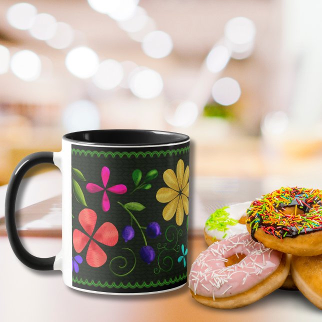 Taza Negro elegante | Floral folclórica latinoamericana (Subido por el creador)