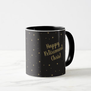 Taza Negro feliz del retiro y estrellas del oro