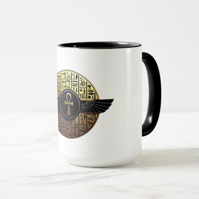 Taza NeoAnkh 3D Golden Winged Ankh & Hieroglyphs (Anverso derecho)
