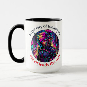 Taza Neon Cyberpunk Elf en el paisaje urbano futurista