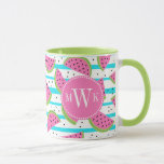 Taza Neon Watermelon on Stripes Pattern<br><div class="desc">Cortes y semillas de sandía de neón en franjas azules de cian. | © y ® Bigstock® - Todos los derechos reservados.</div>