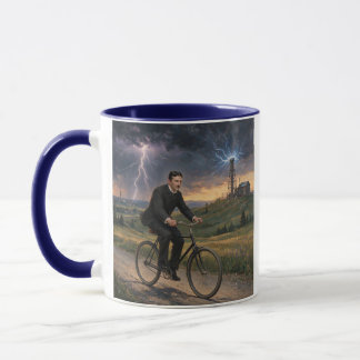 Taza Nikola Tesla montando bicicleta hacia su laborator