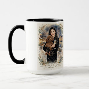 Taza Niña besando a cachorro de caniche–Mamá caniche