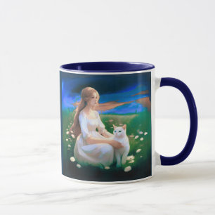 Taza Niña con un gato en una pradera al crepúsculo