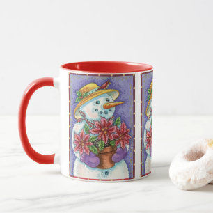 Taza Niña Navideña Adorable Muñeco de Nieve con Poinset
