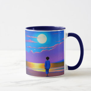 Taza Niño en la playa, mirando a la luna