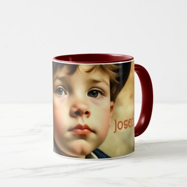 Taza Niño victoriano. Sepia, nombre vintage.Editable (Anverso derecho)