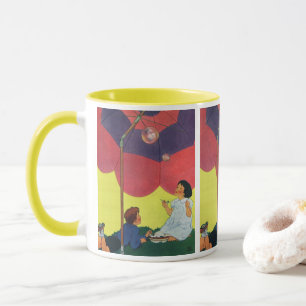 Taza Niños antiguos soplando burbujas bajo un paraguas
