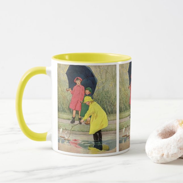 Taza Niños de la época jugando a las charcutería Lluvia (Con donut)