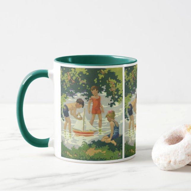 Taza Niños de la época jugando a veleros de juguete (Con donut)
