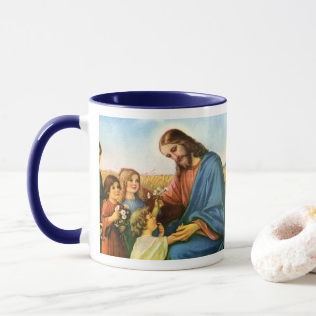Taza Niños de la época llevan flores a Jesucristo (Con donut)