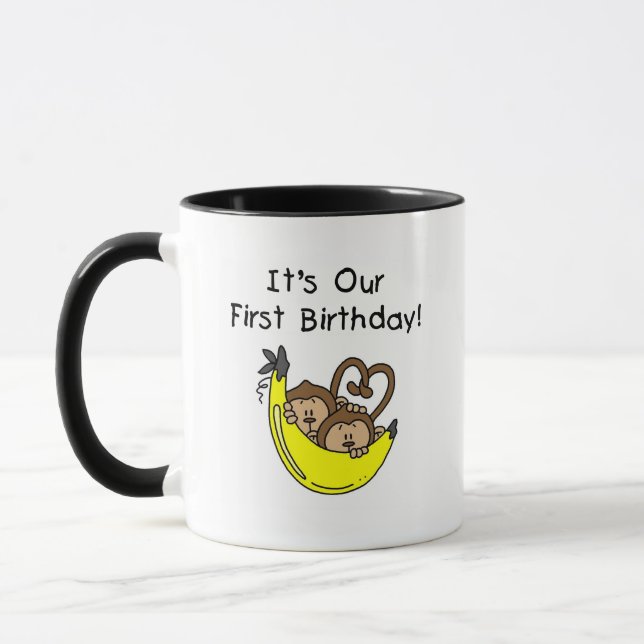 Taza Niños gemelos primer cumpleaños camisetas de mono  (Izquierda)