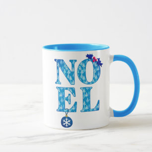 Taza NOEL en un patrón de árbol de Navidad azul