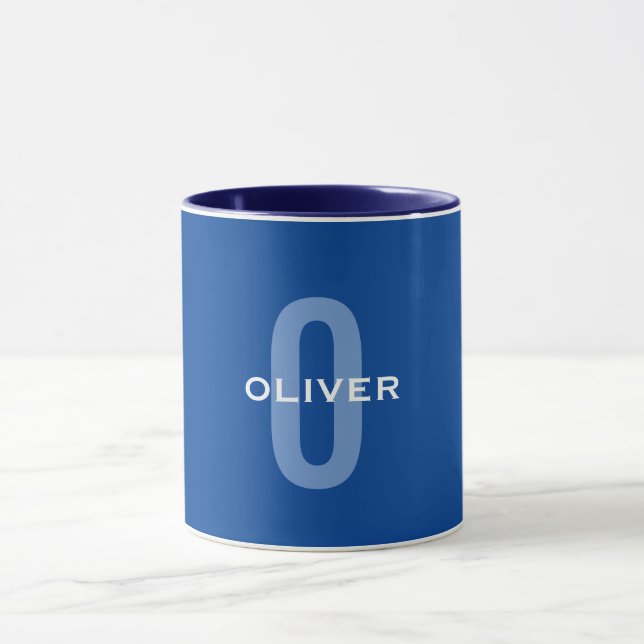 Taza Nombre blanco azul monograma personalizado (Centro)