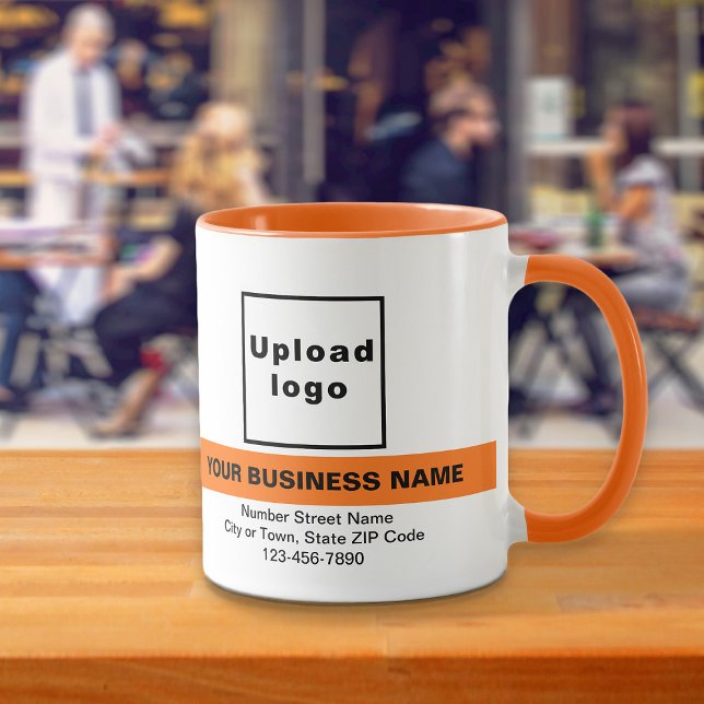 Taza Nombre comercial resaltado en la combinación de co (Your business name with highlight, logo, address and phone number on orange combo color mug.)