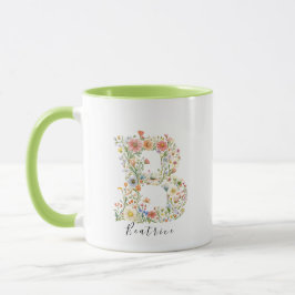 Taza Nombre de acuarela floral y letra B monograma