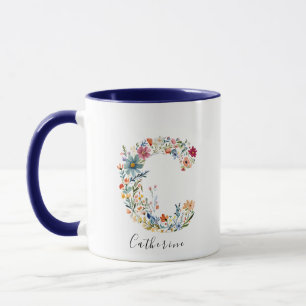 Taza Nombre de acuarela floral y letra C Monograma