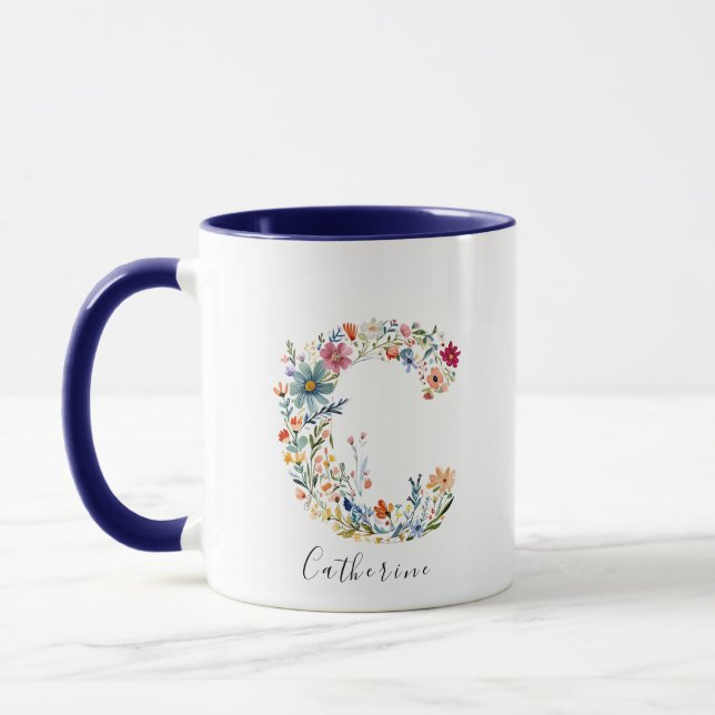 Taza Nombre de acuarela floral y letra C Monograma (Izquierda)