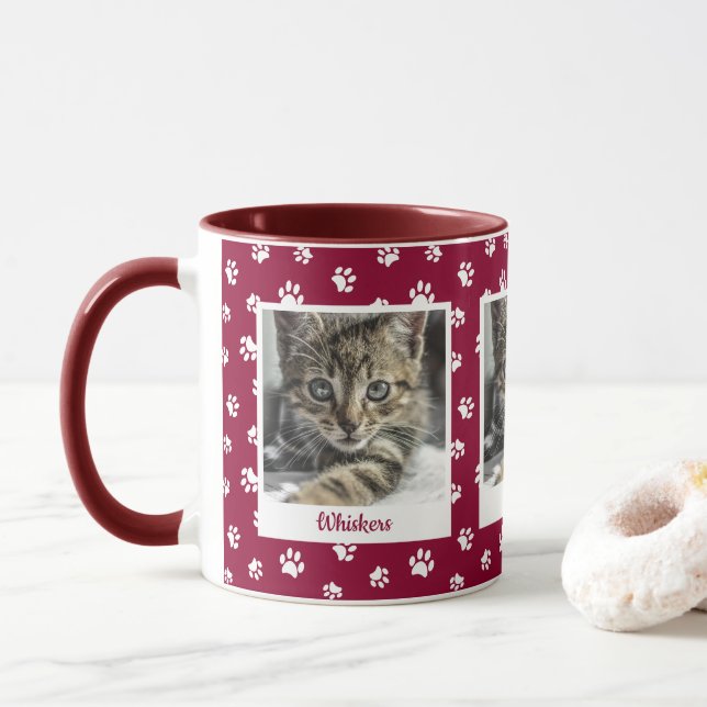 Taza Nombre de gato y fotos pinturas rojas y blancas (Con donut)