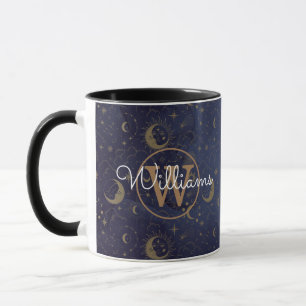 Taza Nombre de guión de monograma dorado místico celest