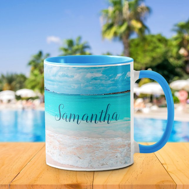 Taza Nombre de la foto de la playa de arena azul tropic (Subido por el creador)