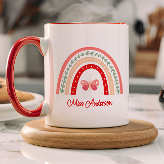 Taza Nombre de la maestra Arcoíris y Mariposa