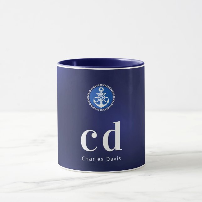 Taza Nombre de las iniciales del monograma náutico azul (Centro)
