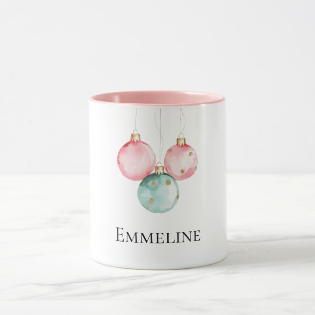 Taza Nombre de los ornamentos navideños Aqua Mint Pink  (Centro)