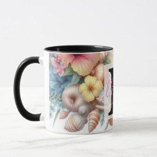 Taza Nombre de monograma en acuarela Flores marinas con