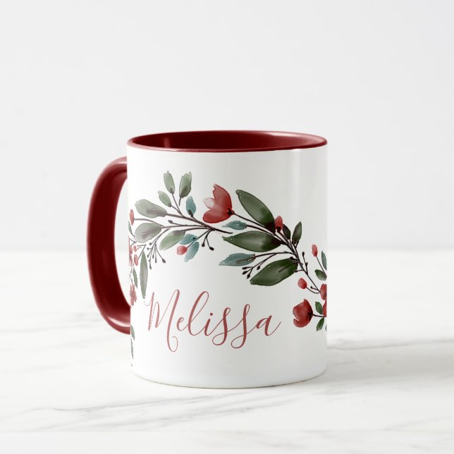 Taza Nombre de monograma floral borgoñona personalizado (Anverso izquierdo)