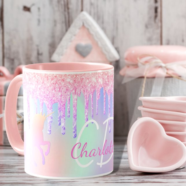 Taza Nombre de monograma holográfico rosa purpurina uni (Subido por el creador)